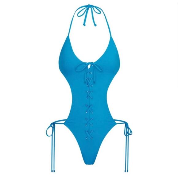 Skims Turquoise Blue Recycled Swim Lace Up Monokini Size 4x - Picture 1 of 9